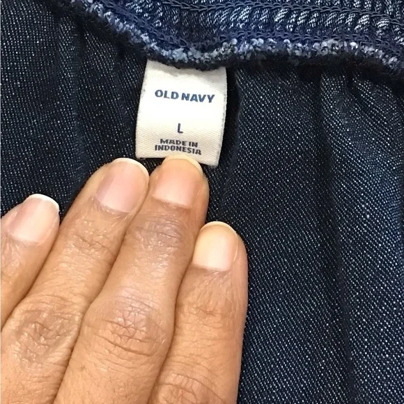 Old Navy Blue Denim Spaghetti Strap Sheath Mini Dress Ruffled Hem Women’s Size L - Picture 4 of 4